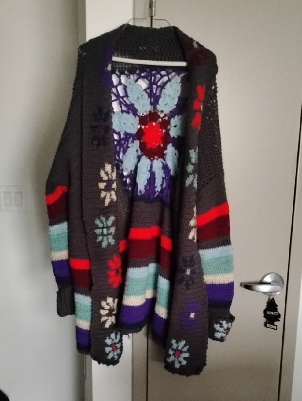 Dark Gray Open-Front Floral Patchwork Cardigan Sweater